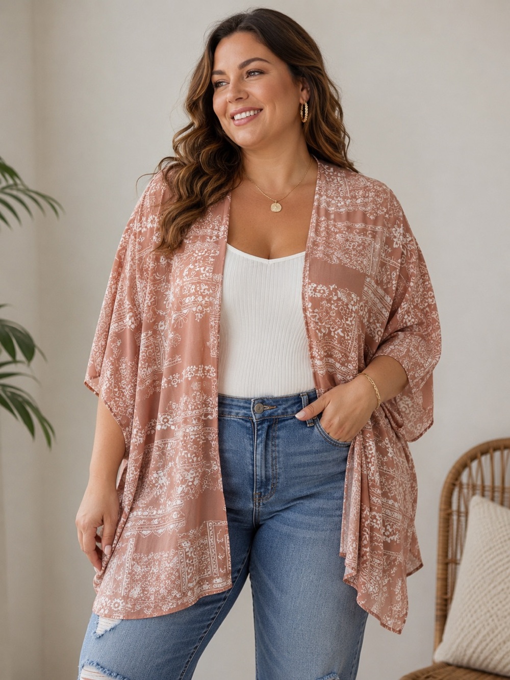 Style Rack Mauve & White Bandana-Print Kimono